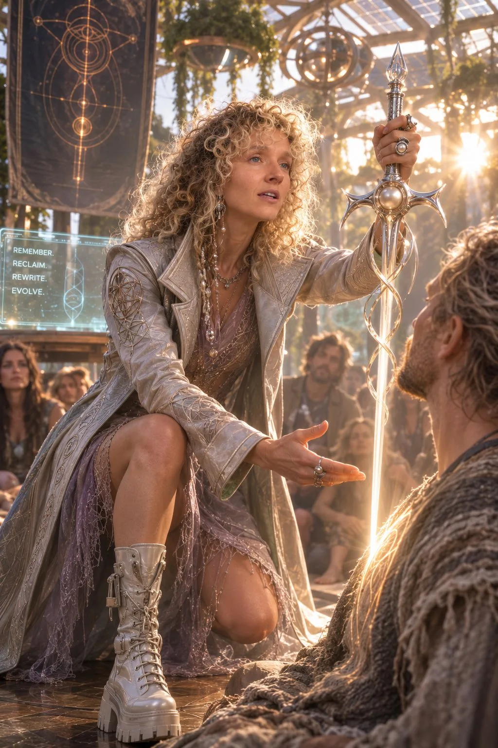Teddi kneeling with the pearl sword upright, offering her hand to a man in front of a gathered circle