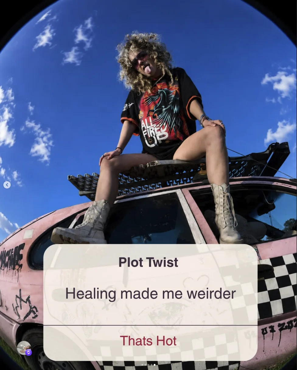 Teddi on the pink van, tongue out
