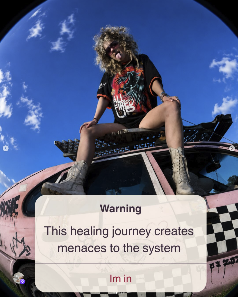 Teddi sitting on the roof of a pink graffiti van under a blue sky